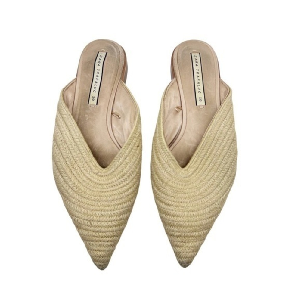 Zara off white cream woven braided raffia pointed slip on mule shoes 39 US 8